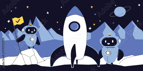 Robots Launching Rocket on Lunar Surface with Stars