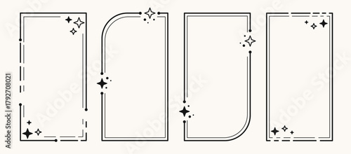 A collection of retro line art frames with geometric shapes, minimalist corners, and star details. Black outline borders in a retro 200s aesthetic for texts and images, decorative backgrounds.
