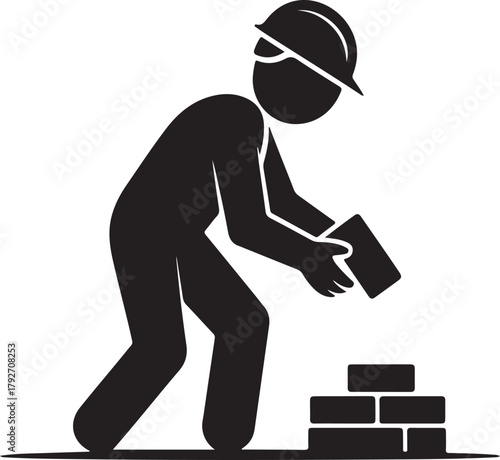 Construction worker icon building a brick wall solid black graphic