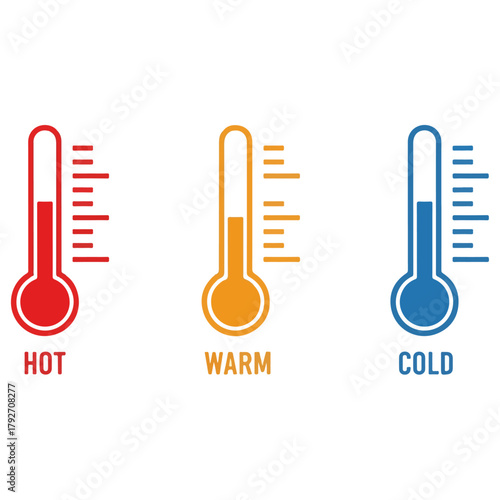 Set of three thermometers showing hot warm and cold temperatures with clear temperature scale markers and distinct colors