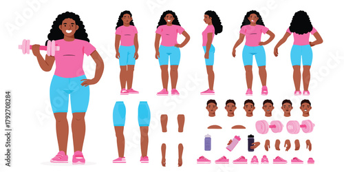 Cartoon woman exercising with various poses and elements for design