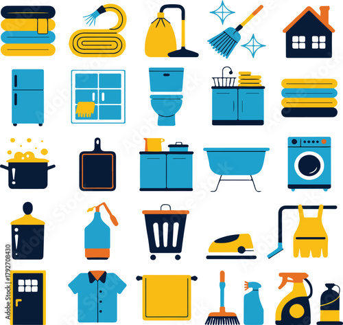 Household chores and cleaning items in blue and yellow graphic illustration