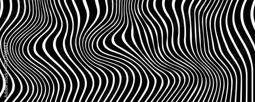 Black and white abstract background. Waves shape decoration. Optical illusion stripes style. Modern graphic design element with distorted lines concept for web, poster, flyer, card cover, or brochure