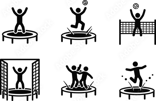 Trampoline activity silhouette icons, jumping, bouncing, sports, kids play, safety net, ball game, recreation, fitness, fun, motion, black figures