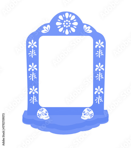 Mexican papel picado border design - decorated border with skull motifs and floral patterns. Traditional fiesta banner for Dia de los Muertos.