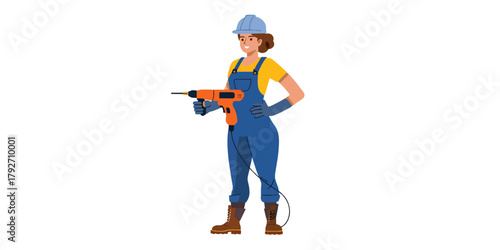 Woman Construction Worker with Drill in Overalls and Hard Hat Vector Illustration