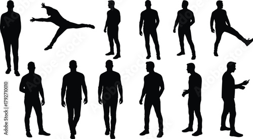 WebMale silhouette poses, walking, running, jumping, standing, handheld device, black illustration, posture study, motion design, minimal figure, gesture art