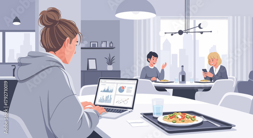 Busy Professional Working At Home During Lunch With Colleagues