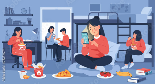 College Students Enjoying Food In Their Dormitory Together