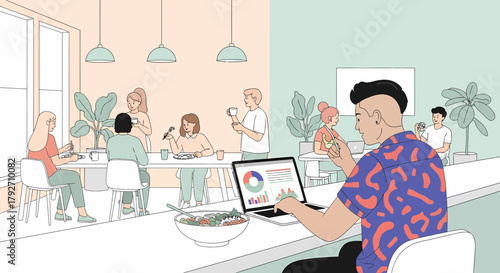 Contemporary Workspace With Team Lunch And Data Analysis Illustration