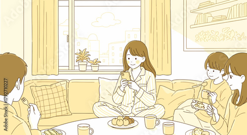 Cozy Evening Gathering Friends Enjoying Meal And Using Phones At Home