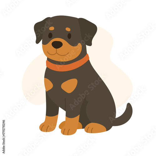Rottweiler dog sits happily with a friendly demeanor. Rottweiler features a brown and black coat and an orange collar