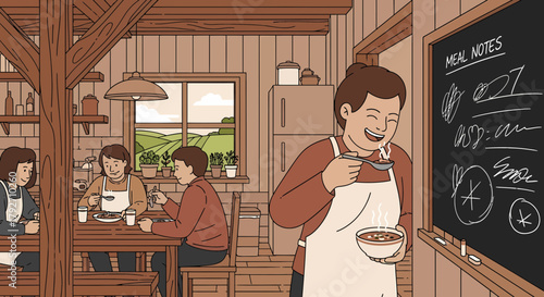 Cozy Family Meal In Rustic Kitchen With Handwritten Recipe Board