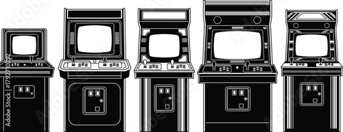 Vintage arcade machine silhouettes, retro gaming icons, joystick cabinet, screen console, black figures, entertainment tech, game history, nostalgic design