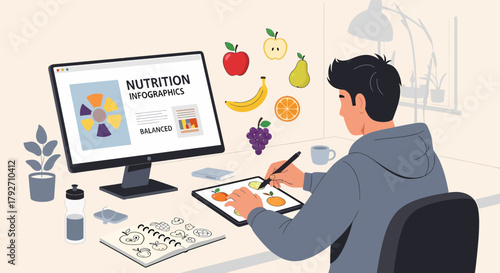Creating Healthy Nutrition Infographics At Home Office Illustration