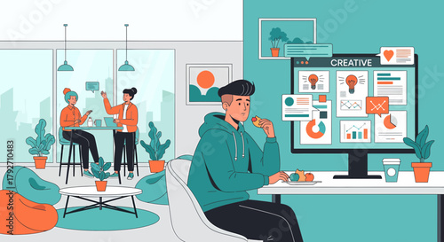 Creative Team Collaboration And Data Analysis In Modern Workspace