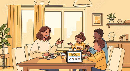 Diverse Family Together Enjoying Healthy Meal Plan At Home