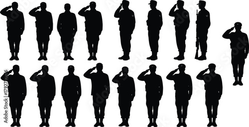 Military salute, soldier silhouettes, uniformed figures, black illustration, disciplined posture, armed forces, standing pose, rifle detail, patriotic gesture, formation