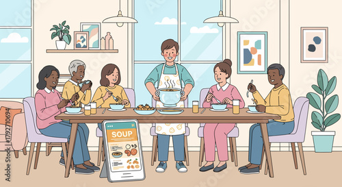 Diverse Group Enjoying Homemade Soup Together At Home With Recipes