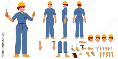 Technician in Various Poses and Elements with Tools and Protective Gear