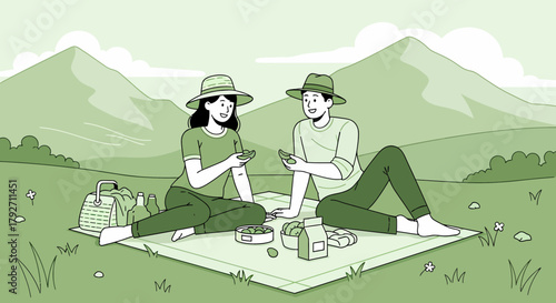 Green Picnic Among Lush Mountains Enjoying The Outdoors Together