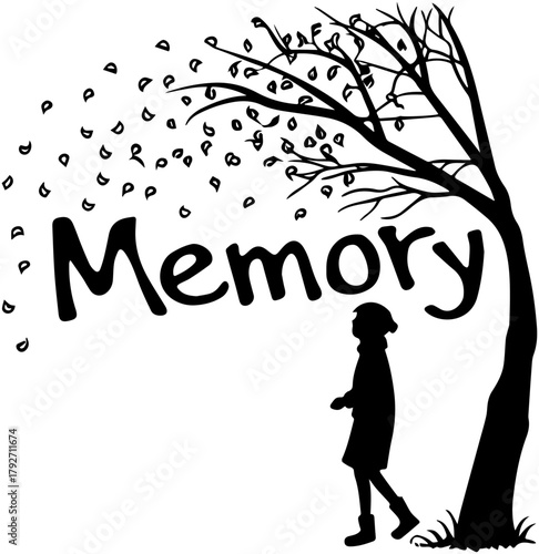 Silhouette of Tree with Falling Leaves and Memory Text – Reflective Nature Scene