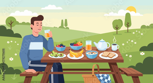 Healthy Picnic Outdoors Man Enjoying Fresh Fruits And Organic Foods