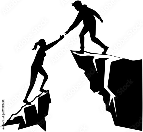 Silhouette of Person Helping Another Climb Cliff – Support and Challenge Scene