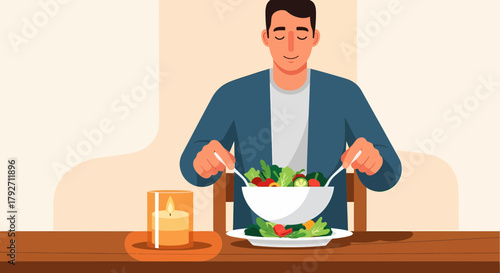 Man Enjoying Healthy Salad By Candlelight At Dinner Table