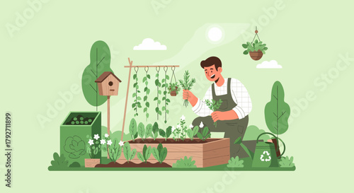 Joyful Gardener Harvesting Fresh Produce From A Raised Garden Bed