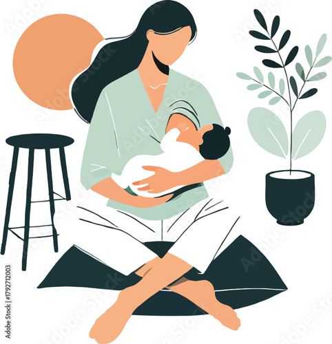Woman breastfeeding baby with plant and stool mother
