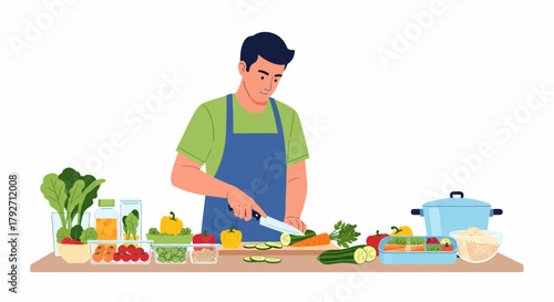 Man Preparing Healthy Meal With Fresh Vegetables And Ingredients
