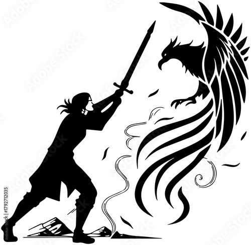 Silhouette of Warrior Facing Phoenix – Fantasy Battle Scene