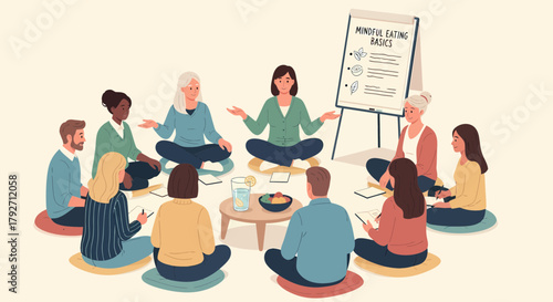 Mindful Eating Workshop With Group Sitting Cross Legged In Circle