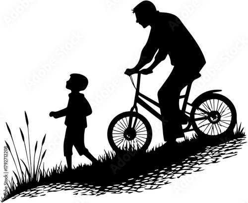 Silhouette of Adult Pushing Bicycle Behind Child on Trail – Family Outdoor Scene
