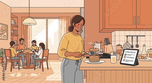 Morning Routine Of A Family Enjoying Breakfast And School Preparation