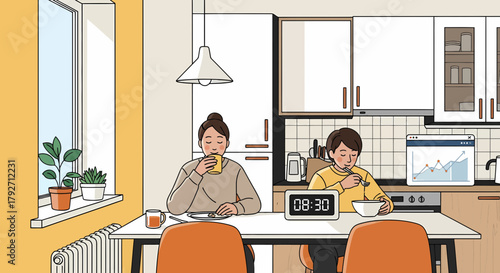 Morning Routine With Breakfast and Data Analysis in Modern Kitchen