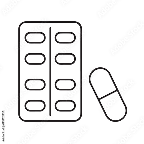 Pill and blister pack icon simple line art vector illustration isolated on white background for medical or pharmaceutical use