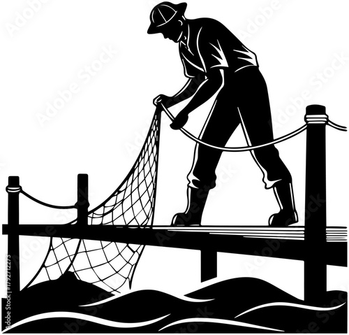 Silhouette of Fisherman Pulling Net on Pier – Rural Fishing Scene