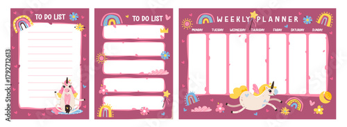 Cute Unicorn Themed Weekly Planner and To-Do Lists. Adorable set of colorful unicorn themed planner pages with rainbows, hearts, and magical elements for kids or fun organization lovers.