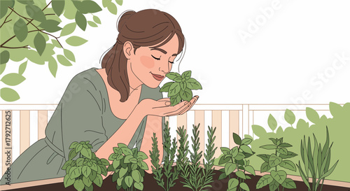 Woman Enjoying Aromatic Herbs In Her Balcony Container Garden