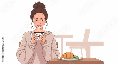 Woman Enjoying Coffee And Croissant In A Cozy Morning Scene