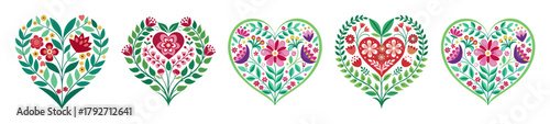 Ornate floral hearts with pink roses and green leaves symmetrical design