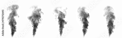 Vertical black smoke rising on white background, realistic dark vapor column texture for overlay design, pollution or fire smoke effect, abstract motion atmosphere for cinematic composition.