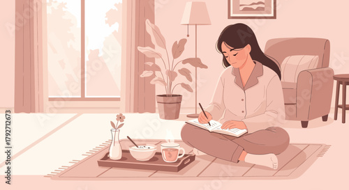 Woman Enjoying Morning Routine Writing In Her Journal At Home