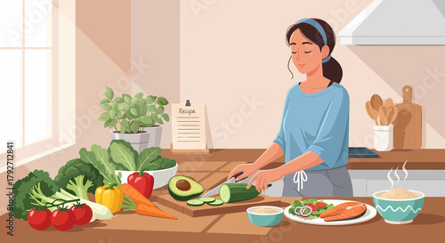 Woman Preparing Healthy Food In The Kitchen For A Balanced Diet