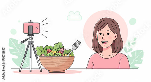 Woman Recording Salad Recipe For Online Food Channel Content