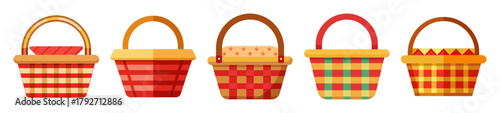 Five traditional woven picnic baskets featuring red and natural tones