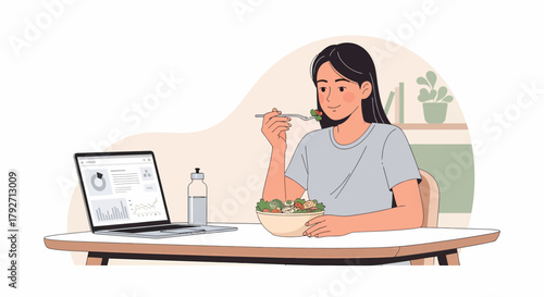 Young Woman Enjoys Salad While Analyzing Charts on Her Laptop