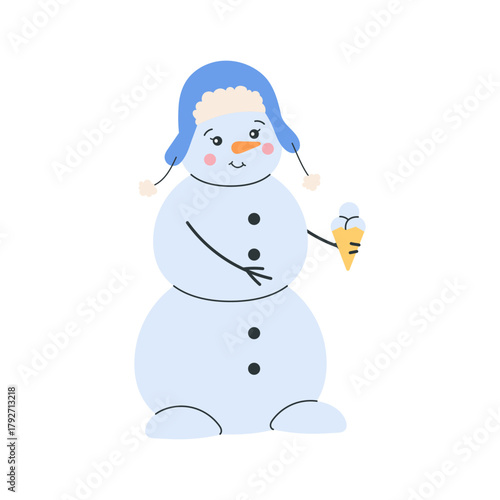 nowman treating himself to a winter ice cream. Charming pastel character in a cozy blue hat with soft clean shapes, warm expression and playful seasonal mood. Sweet festive scene